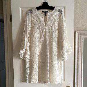 BCBGMAXAZRIA White Boho Trumpet Flare Sleeve Above Knee Short Casual Dress